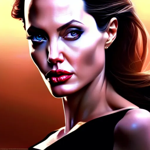 Prompt: beautiful digital painting of angelina jolie background with high detail, 8 k, movie cyborg 2, teen, young, stunning detail, photo by artgerm, greg rutkowski and alphonse mucha, unreal engine 5, 4 k uhd