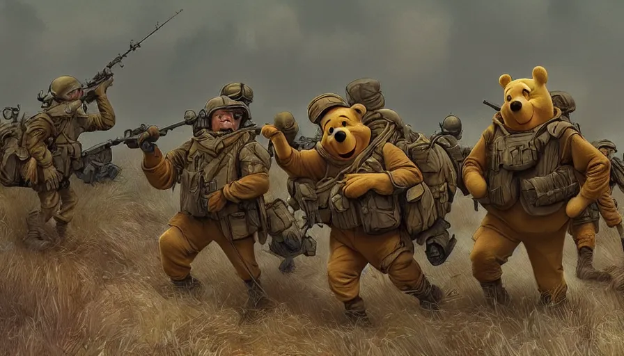 Prompt: winnie the pooh as soldier during d - day, hyperdetailed, artstation, cgsociety, 8 k