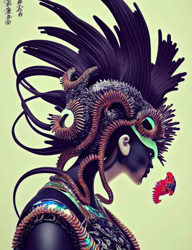 Image similar to 3 d goddess close - up profile portrait punk with mohawk with ram skull. beautiful intricately detailed japanese crow kitsune mask and clasical japanese kimono. betta fish, jellyfish phoenix, bio luminescent, plasma, ice, water, wind, creature, artwork by tooth wu and wlop and beeple and greg rutkowski