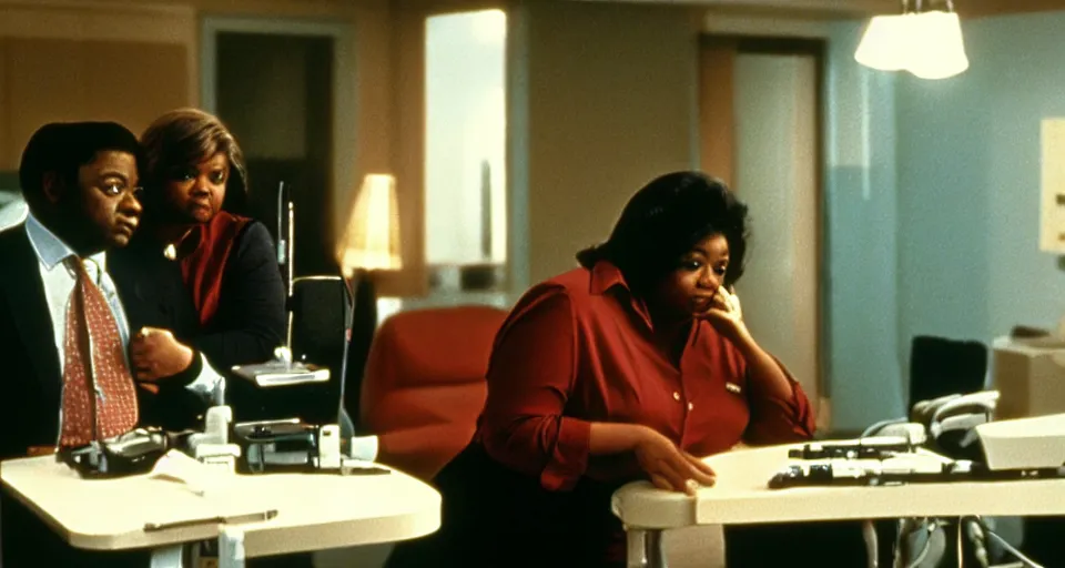 Prompt: cinematic shot from a 1 9 8 5 thriller, a octavia spencer implants device in joe manchin's ear, in the near future, film directed by stanley kubrick, color theory, apartment design, leading lines, photorealistic, volumetric lighting