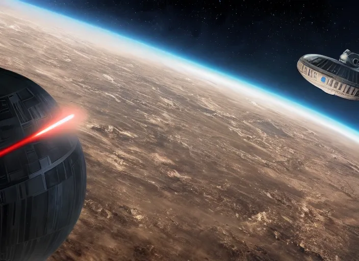 Image similar to film still of the death star hovering above earth, full view, in the new star wars movie, 4 k