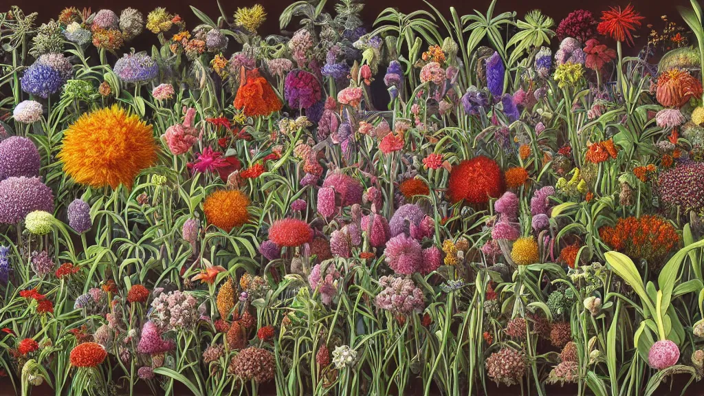 Image similar to highly detailed render of all the known species of plants and flowers by juan gatti, by moebius!, by oliver vernon