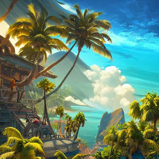 Image similar to a painting a breathtaking aerial view of Hawaiian islands with Pirates, surrounded by palm trees, clouds, flowers, volcano, azure ocean, sunlight glistening, glow, , a detailed matte painting by sylvain sarrailh, Stephan Martinière, by RHADS, Makoto Shinkai, bokeh, Artstation contest winner, fantasy art, concept art, #vfxfriday