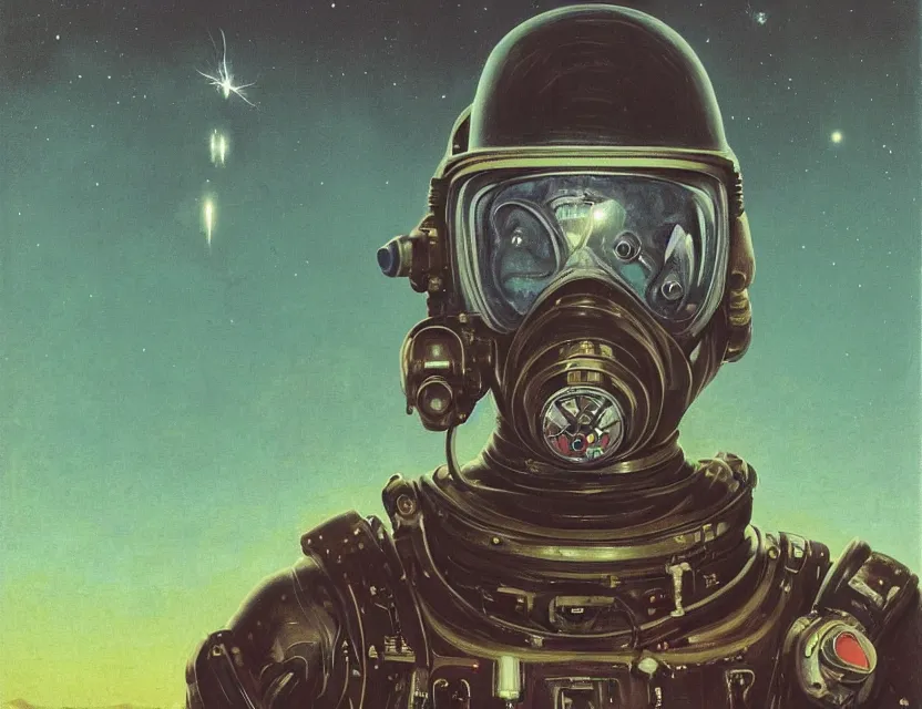 Image similar to a detailed portrait painting of a lone space pilot wearing a gasmask and laser eyes. Head and chest only. Movie scene, cinematic sci-fi scene. Flight suit, cloth and metal, accurate anatomy. portrait symmetrical and science fiction theme with lightning, aurora lighting. clouds and stars. Futurism by beksinski carl spitzweg moebius and tuomas korpi. baroque elements. baroque element. intricate artwork by caravaggio. Oil painting. Trending on artstation. 8k