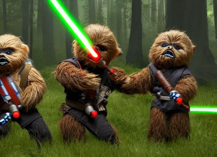 Image similar to Ewoks fighting with lightsabers, ultra realistic, cinematic