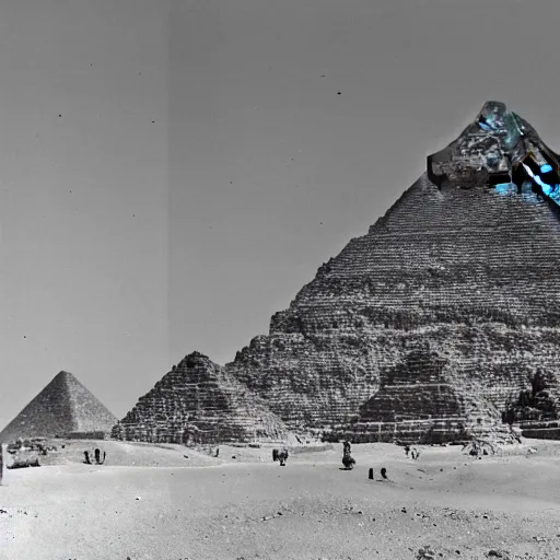 Image similar to a photograph of the great pyramid of giza at the early stages of construction with heavy scaffolding in place, the top of the pyramid has yet to be built, dslr high resolution