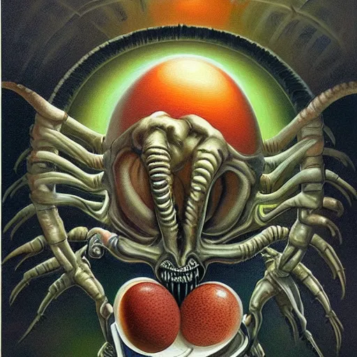 Xenomorph life cycle, eggfacehuggerdrone painting by Stable