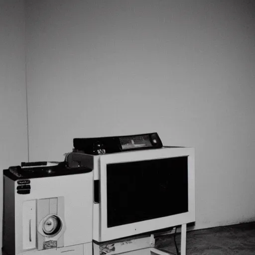 Image similar to Photograph of an empty room with a TV playing static at night, dusty, wood cabinets, taken using a film camera with 35mm expired film, bright camera flash enabled, slightly foggy, award winning photograph, creepy, liminal space