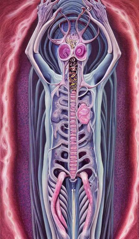 Image similar to a biomorphic painting of the high priestess tarot card, a anatomical medical illustration by nychos and alex grey, cgsociety, neo - figurative, pastel blues and pinks, detailed painting, rococo, oil on canvas, lovecraftian