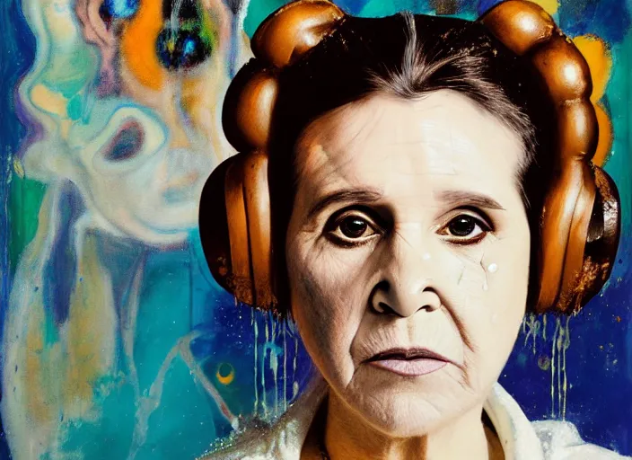 Image similar to portrait of princess leia, by vincent lefevre and hernan bas and pat steir and hilma af klint, psychological, photorealistic, dripping paint, washy brush, rendered in octane, altermodern, masterpiece