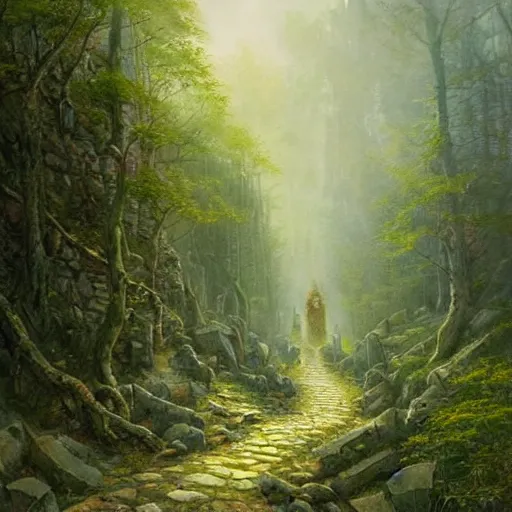 Prompt: a highly detailed watercolor painting by greg rutkowski and thomas kinkade of a stone path through a forest of crazy elves leading to a huge stone castle, highly detailed, watercolor, green, yellow, and grey color scheme