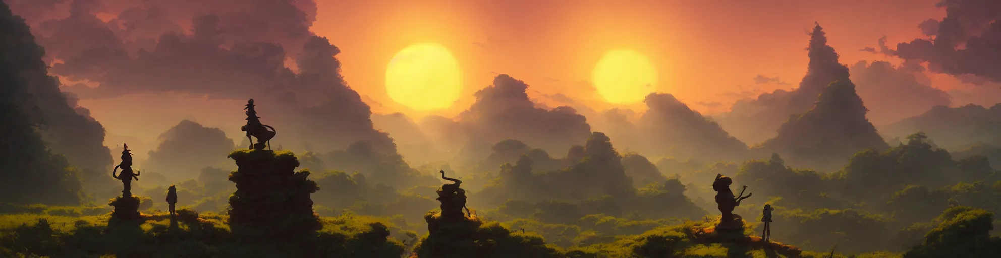 Prompt: A landscape with statue of kermit , Studio Ghibli, backlight sunset sky, animated, anime, illustrated, vibrant, by Greg Rutkowski, dungeons and dragons on artstation