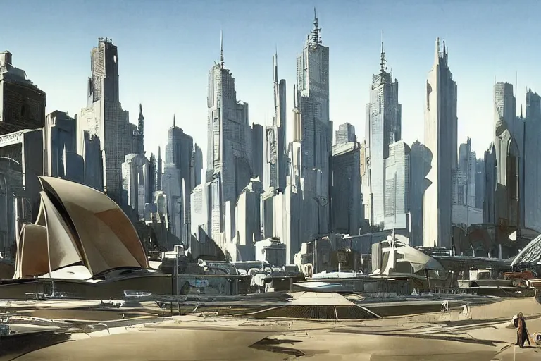 Image similar to ralph mcquarrie concept art for melbourne city landcsape