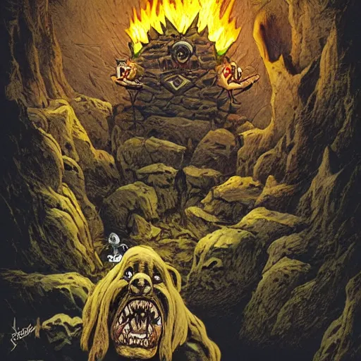 Image similar to dogbert as leader of illuminati dark cavern torches terrifying grim highly detailed by frank frazetta and scott adams