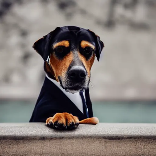 Prompt: a high detail shot of a dog wearing a suit, realism, 8k