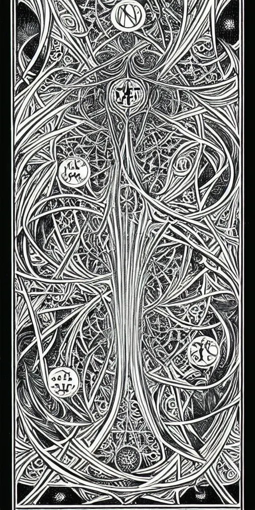 Image similar to a beautiful black and white fractal tarot card featuring bold occult imagery with clean lines. haeckel. detailed adult coloring book