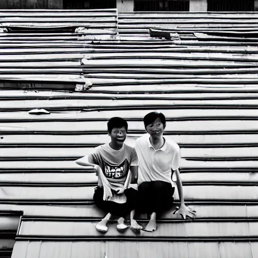 Image similar to photo of two singaporean students sitting on the roof of a hdb flat, black and white, award winning, composition