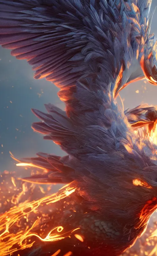 Image similar to a phoenix bird, fire, ash electric, furry, soft, concept art, sharp focus, intricate details, highly detailed, photorealistic, disney pixar, octane render, iridescent, anime, 8 k