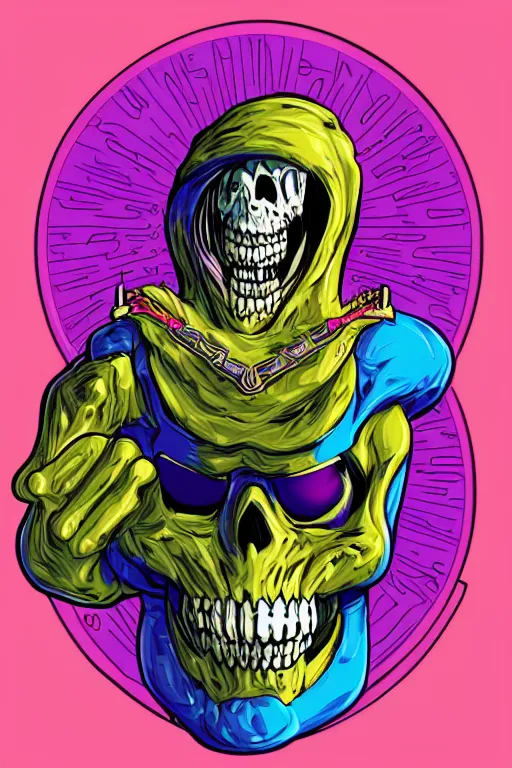 Prompt: rockstar skeletor, art by brian miller, sticker, colorful, illustration, highly detailed, simple, smooth and clean vector curves, no jagged lines, vector art, smooth