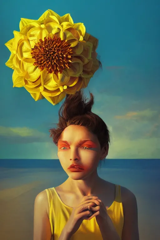 Image similar to closeup girl with huge yellow dahlia flower over face, on beach, surreal photography, blue sky, sunrise, dramatic light, impressionist painting, digital painting, artstation, simon stalenhag
