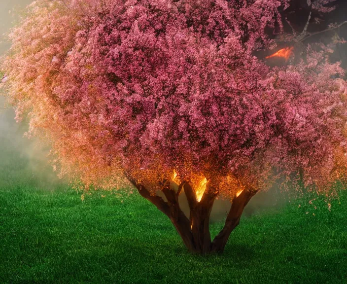 Prompt: 4 k hd, high detail photograph of blossoming tree in land on fire, shot with sigma f / 4. 2, 2 5 0 mm sharp lens, wide shot, consistent, volumetric lighting, high level texture render