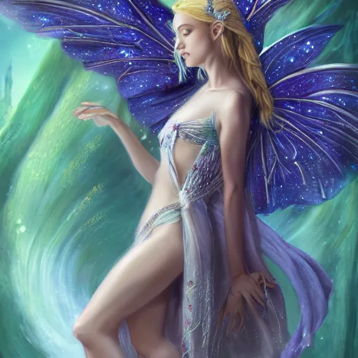 Prompt: detailed portrait of a fairy queen with wings wearing a silk robe, pixie, iris, realism, emerald, galaxy, sapphire,blonde hair going down to the floor, moonlit, , dark fantasy, detailed, magical, fairy, elf, dramatic lighting, cgsociety, artstation