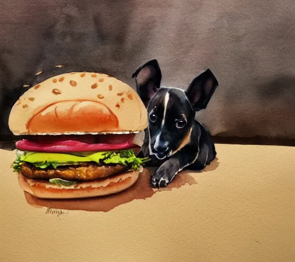 Prompt: A puppy eating a huge hamburger, watercolor painting, trending on artstation