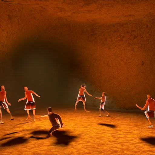 Image similar to high resolution unreal engine render of cavemen playing basketball inside cave at night, cave lit by torch light, stalagmites