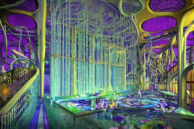 Prompt: favela thick jellyfish disco cathedral coaster hive, art nouveau waterfall environment, industrial factory, terrifying, award winning art, epic dreamlike fantasy landscape, ultra realistic,