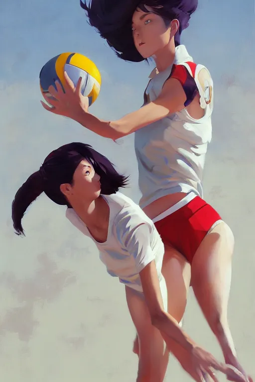 Image similar to A ultradetailed beautiful panting of a stylish woman playing volleyball, Oil painting, by Ilya Kuvshinov, Greg Rutkowski and Makoto Shinkai