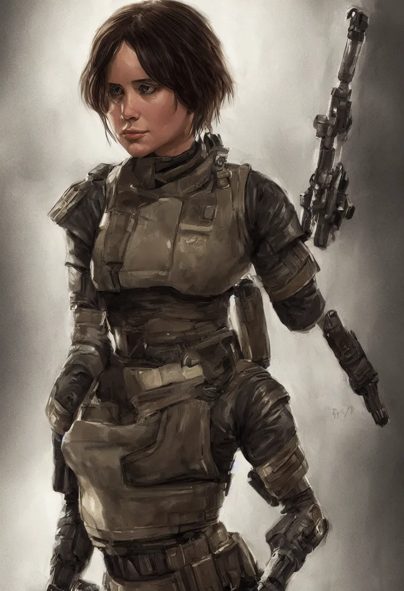 Prompt: jyn erso with military swimsuit armor, by bryan matyas, portrait, profile posing, perfect anatomy, hyper photorealistic, digital photography, artstation, concept art