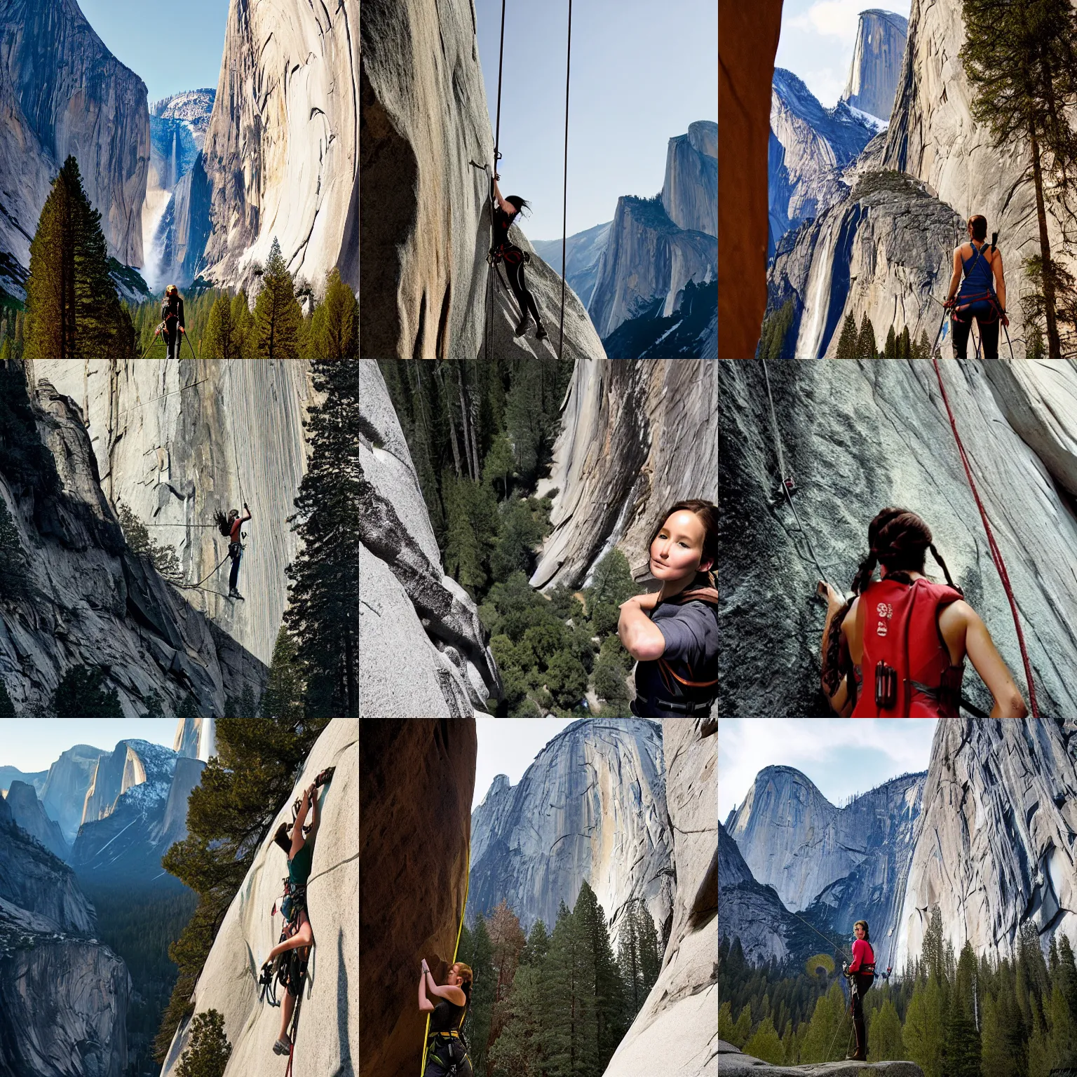 Prompt: Katniss Everdeen rock climbing, El Capitan, Yosemite Valley, head and shoulders in frame, photography by Annie Leibovitz