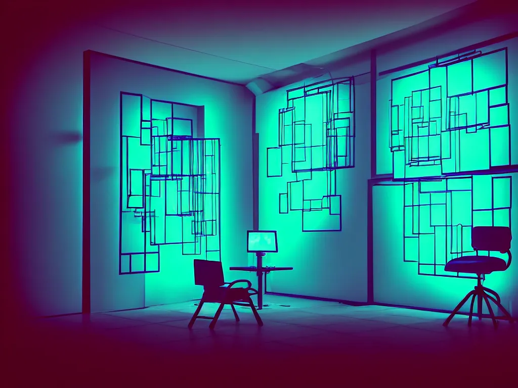 Image similar to room with overlaping screens projecting art, pixel perfect image, high contrast, volumetric lighting, tiny neon light, chair, user, pair of keys