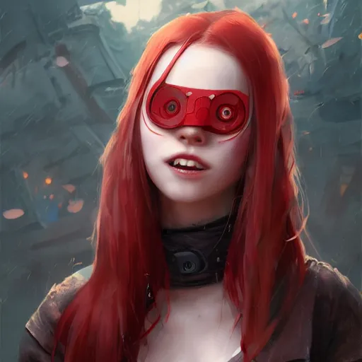 Prompt: a red haired girl with an eyepatch smiling, digital art, 8 k resolution, unreal engine, highly detailed, pretty face, very beautiful face, sharp teeth, curvy teeth, very detailed eyes, photorealistic by wlop, greg rutkowski