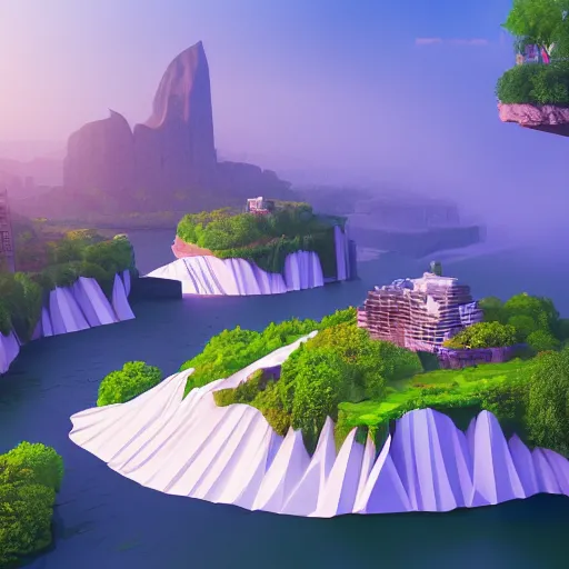 Prompt: manhattan and waterfalls on a floating island in the sky, low poly art, isometric art, 3d render, ray tracing, high detail, artstation, concept art, behance, smooth, sharp focus, ethereal lighting, unreal engine 5