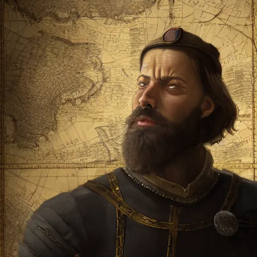 Image similar to Closeup of frustrated male medieval lieutenant with a {short} beard wearing a black!!!! and yellow tabard over a steel breastplate and a black gambeson looking up from a map on a table, intricate, dramatic lighting illustration by Greg Rutkowski, ArtStation, digital art, fantasy