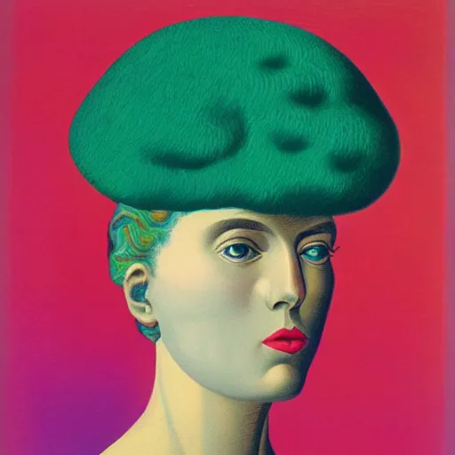 Prompt: a portrait of a woman by rene magritte and lisa frank