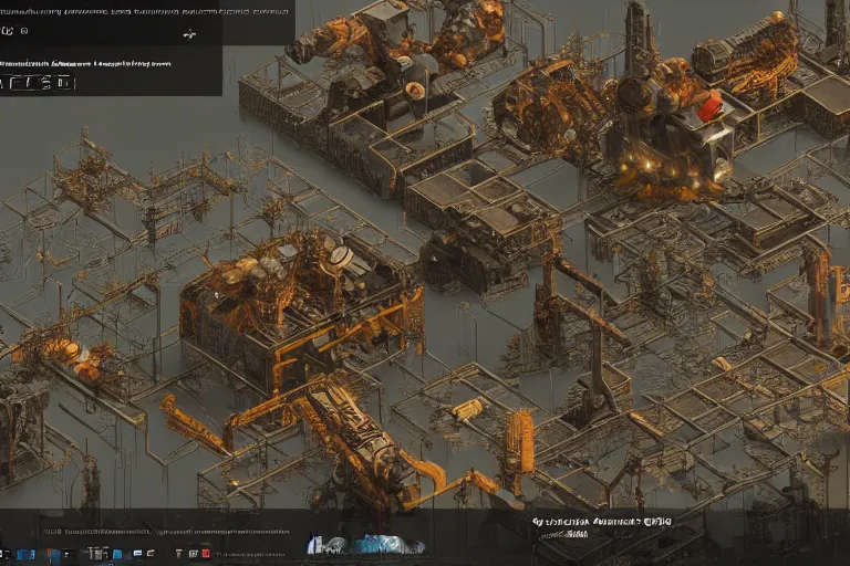 Prompt: factorio, art by den beauvais and rudolph belarski and thomas kidd, trending on artstation, iridescent lighting product view blueprint, narrative realism, featured on artstation, unreal engine 5, brocade