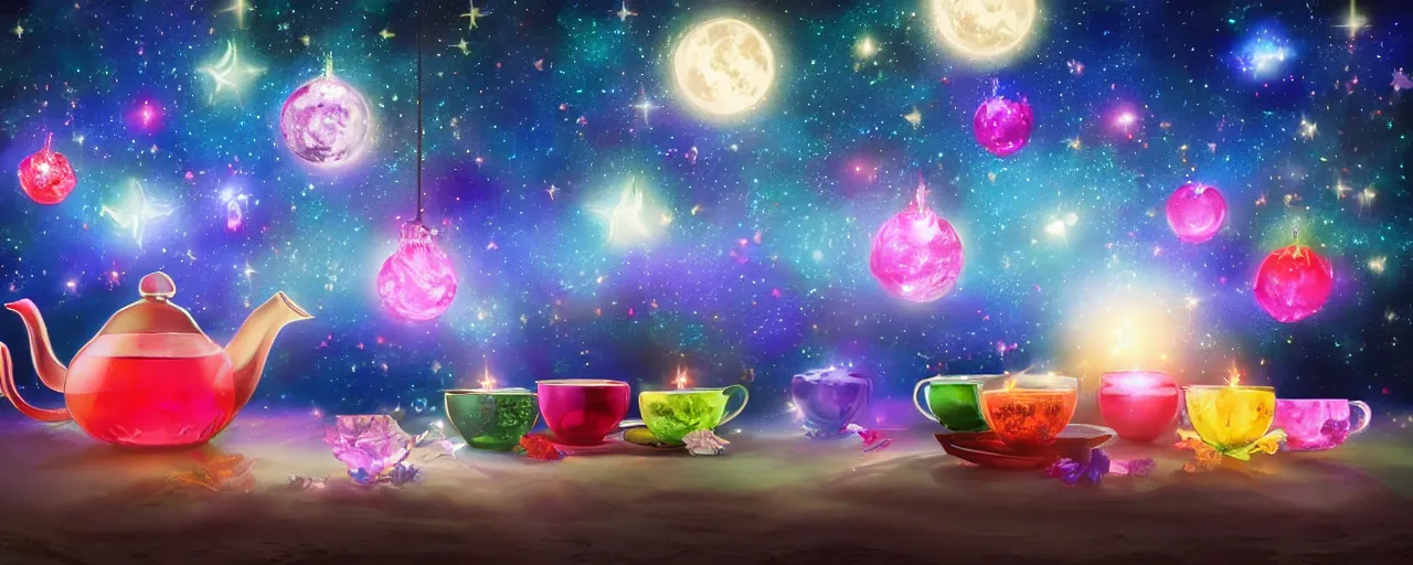 Prompt: high resolution 4k Blessing Tea Cozy night tea fantasy tea dark and colorful, bright sparkling lights realistic night sky, stars, moon, bright crystal lanterns 3d, depth details In the art style of Philip Hyde-H 576