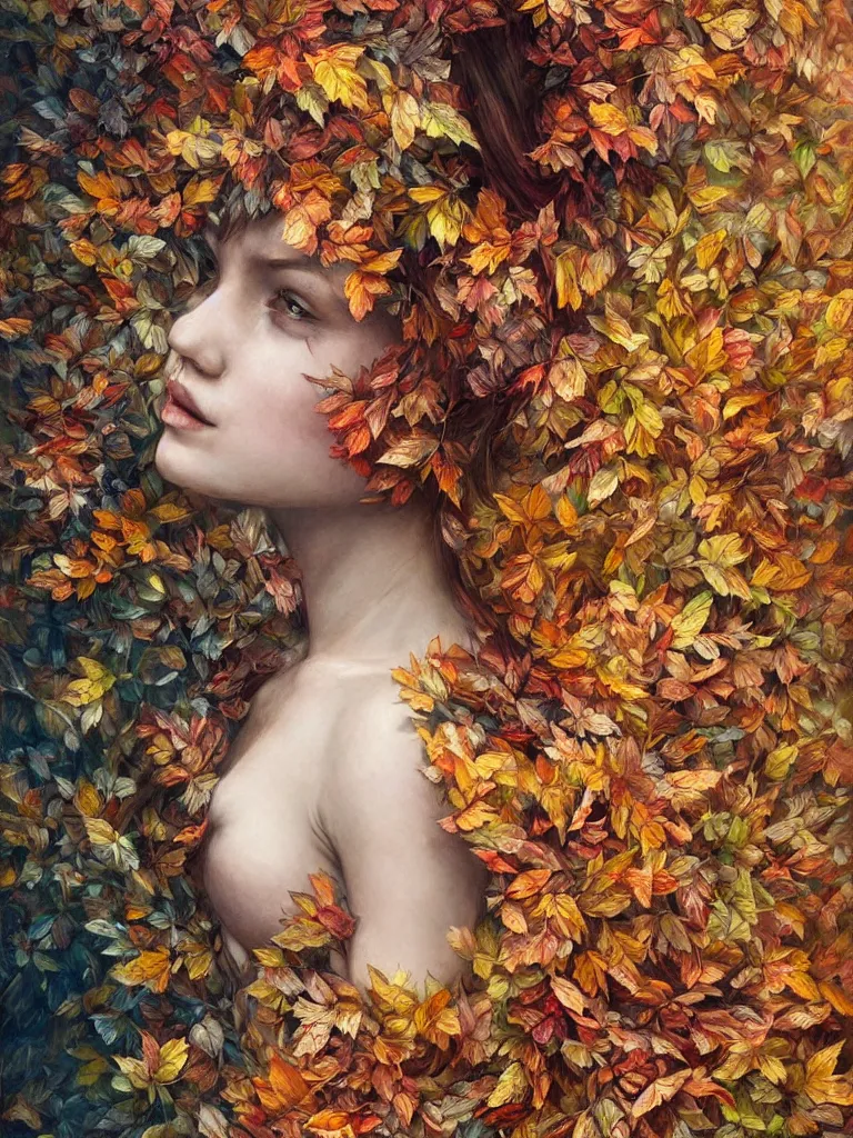 Prompt: a chaotic whirlwind of autumn leaves, intricate details, aesthetically pleasing and harmonious natural colors, art by marco mazzoni, impressionism, detailed, dark, wind, not a portrait