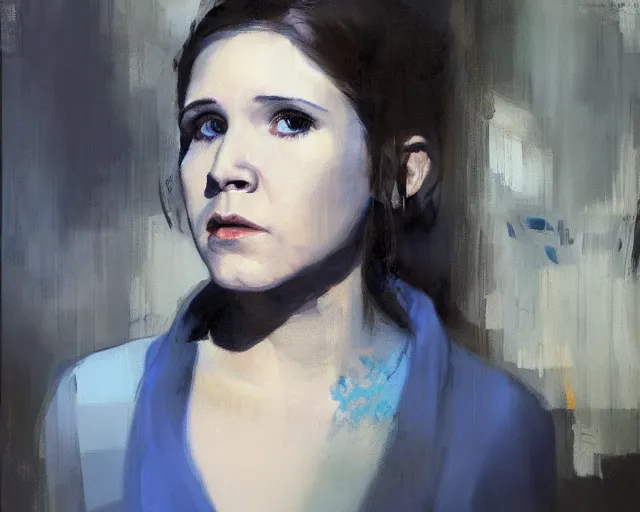 Prompt: portrait of young leia young carrie fisher 1 9 7 7 in shades of grey but with blue by jeremy mann