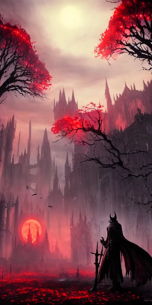 Image similar to abandoned bloodborne old valley with a obscure person at the centre and a ruined gothic city in the background, trees and stars in the background, falling red petals, epic red - orange moonlight, perfect lightning, wallpaper illustration by niko delort and kentaro miura, 8 k, ultra realistic