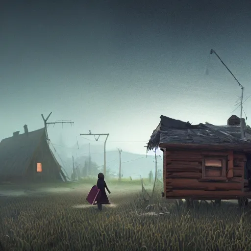 Image similar to woman leaving her wooden broken house by simon stålenhag, very highly detailed, award winning, rendered by Beeple, by Makoto Shinkai, syd meade, starwars, space art concept, digital art, unreal engine, blender, WLOP, trending on artstation, 4K UHD image, octane render