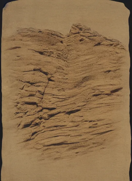 Prompt: Colored lithographed view of a rock formation carved by the wind and sand, surrounded by sparse vegetation, Smithsonian American Art Museum
