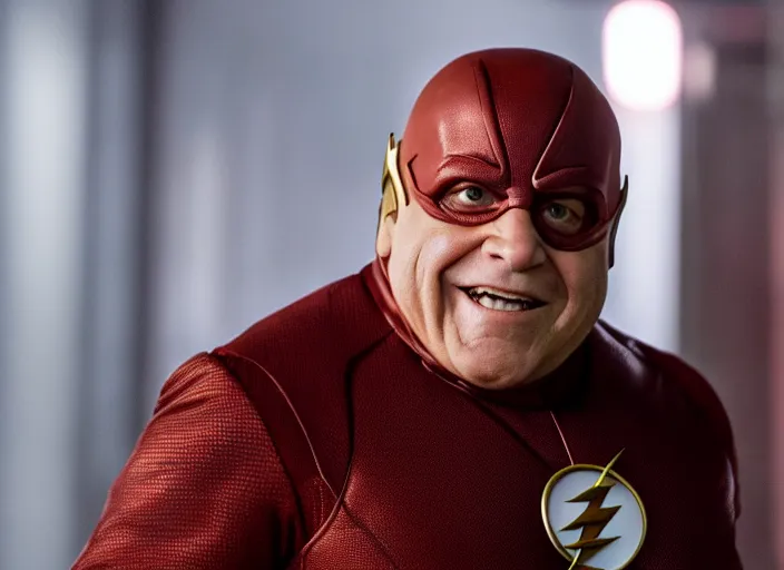 Image similar to film still of danny devito as the flash in the new flash movie, 4 k