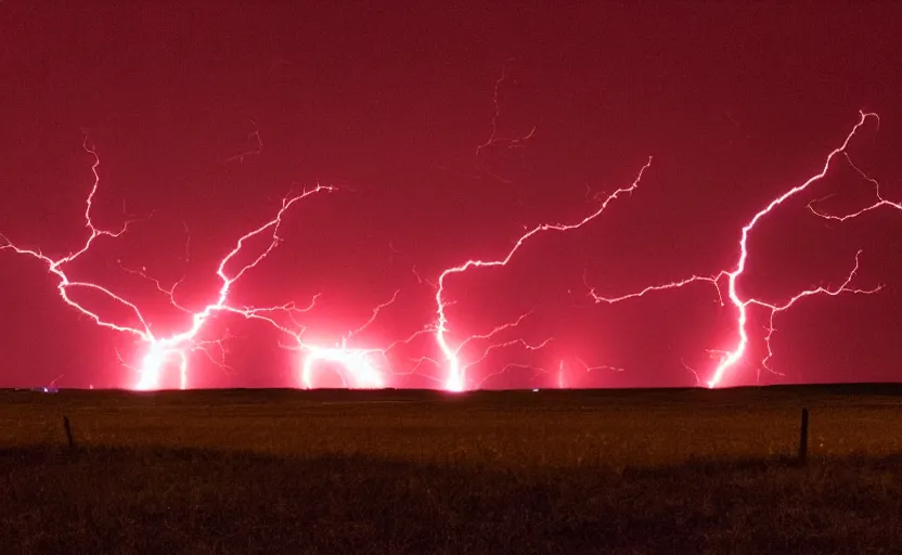 Image similar to red lightning bolts shoot from the ground, night, field, fire is visible on the horizon, high contrast, unsettling photo