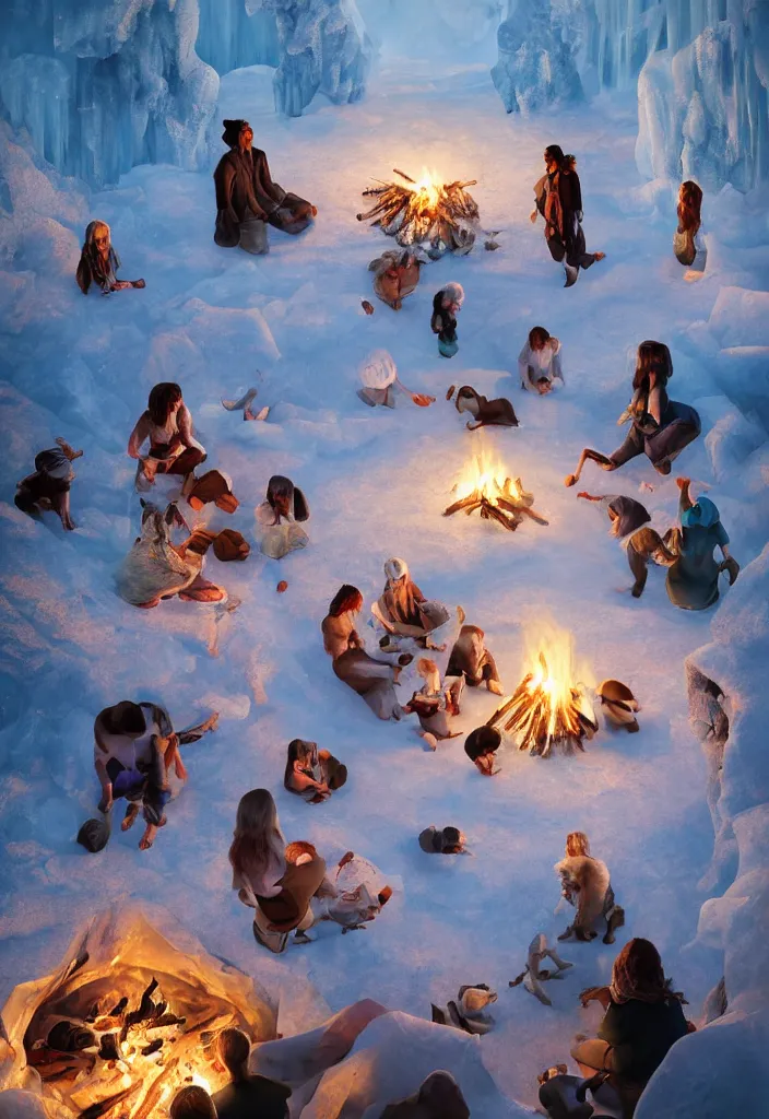 Image similar to realistic white tribe gather around a bonfire with a pregnant woman as her leader, proud people, sharp, ice cave, facinating, fantasy digital art, octane render, beautiful composition, trending on artstation, award - winning photograph, masterpiece