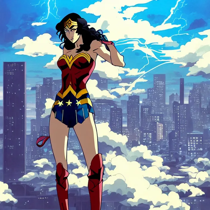 Prompt: painting of bloodlines wonder woman with urban japanese city in the background in the style of cowboy bebop, calm, fantasy character portrait, dynamic pose, above view, sunny day, thunder clouds in the sky, artwork by makoto shinkai, very coherent asymmetrical artwork, sharp edges, perfect face, simple form, 1 0 0 mm