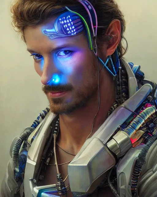 Image similar to a futuristic male hippie wearing tie - dye and cybernetic - implants | cyberpunk art | highly detailed | very intricate | symmetrical | cinematic lighting | award - winning | closeup portrait | painted by donato giancola and mandy jurgens and rossdraws and rhads | featured on artstation