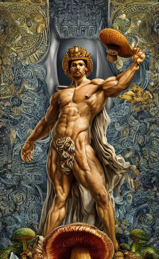 Prompt: a masterpiece hyperdetailed dnd tarot card, magnificent mushroom deity as depicted in a colossal greek marble statue ( with godlike bodybuilder physique ), hd tarot card depicting monumental statue of a dignified mushroom god with cute large mushroom hat, hdr, 8 k, artstationhq, digital art